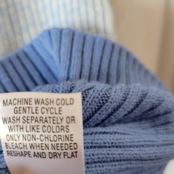 Studio Works Cable Knit Sweater Mock Turtleneck XL Blue Stripes long sleeves EUC - Picture 9 of 9